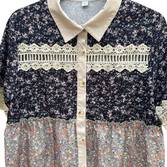 Vintage-Inspired Womens Floral Patchwork Tiered Layered Tunic Top Lace Trim Boho - Picture 3 of 13